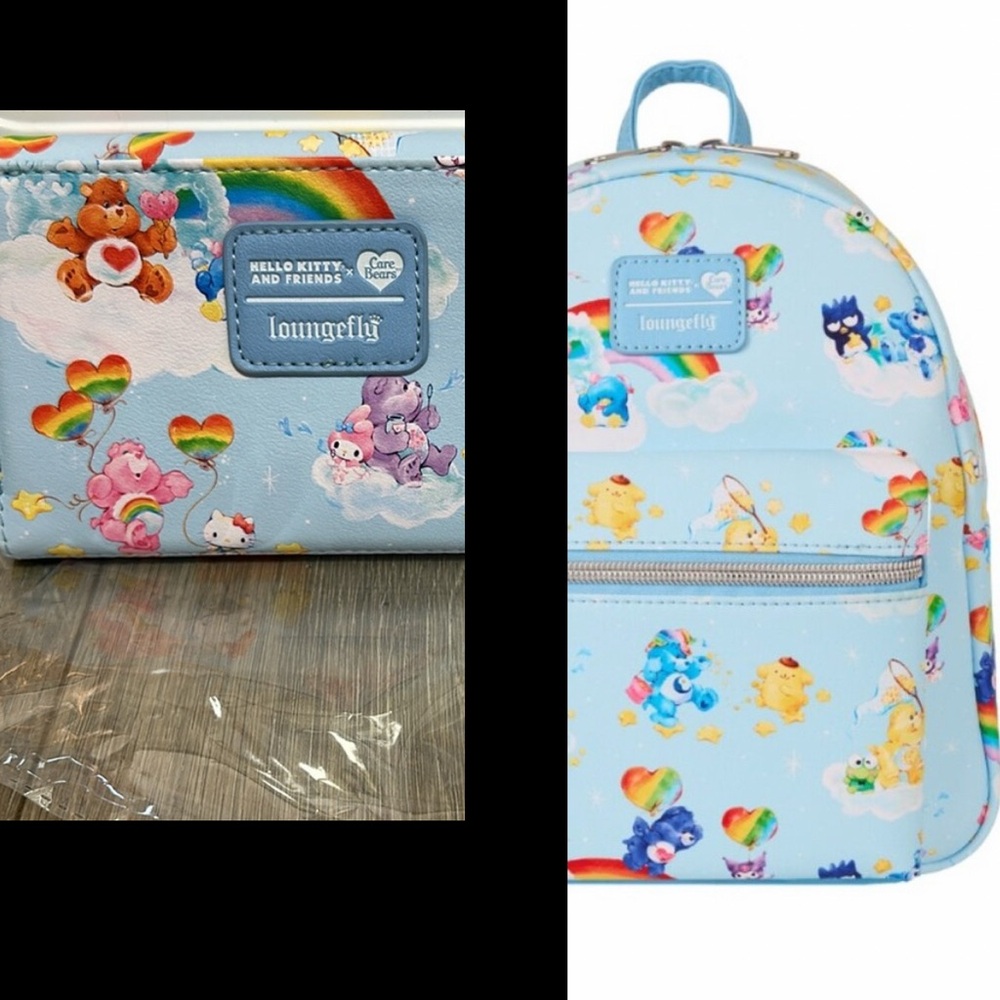 Loungefly Wallet / Backpack with Care Bears x Hello Kitty and Friends Rainbows